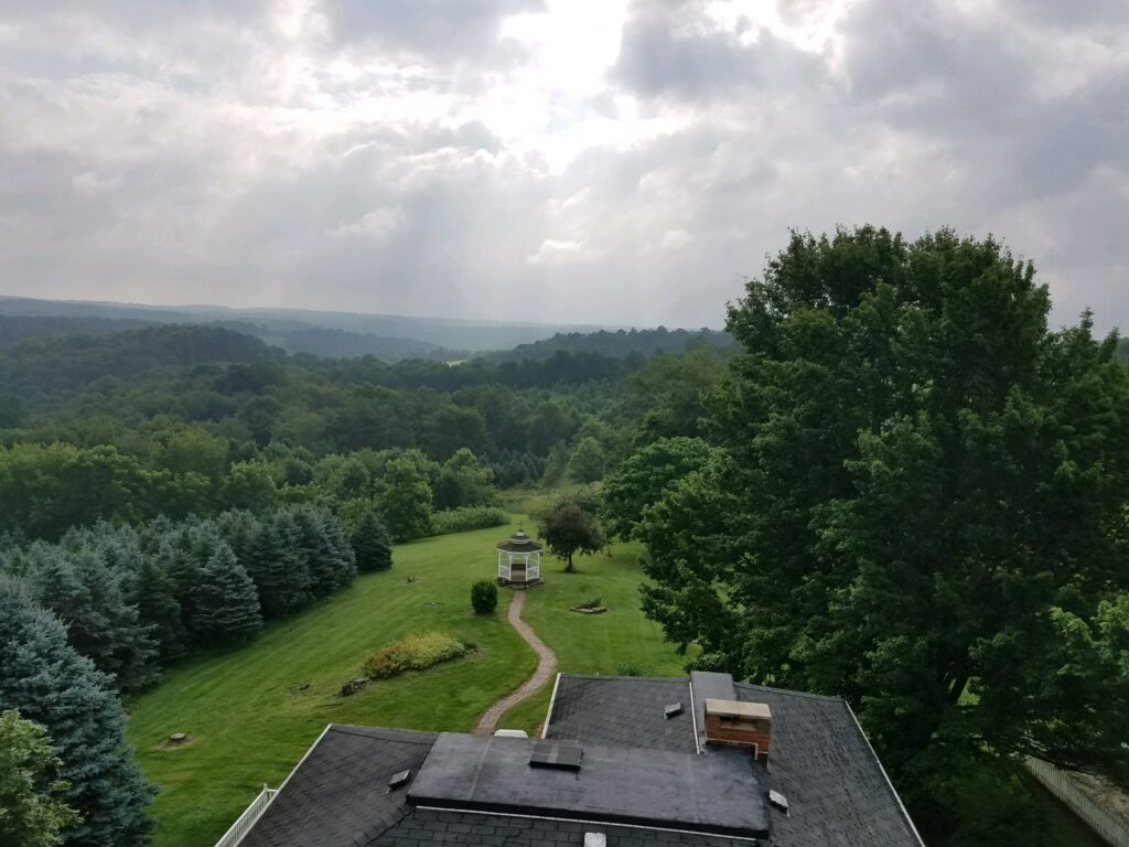 Panoramic view of a lush, freshly mowed green landscape with a winding path, evergreen trees, and a gazebo.